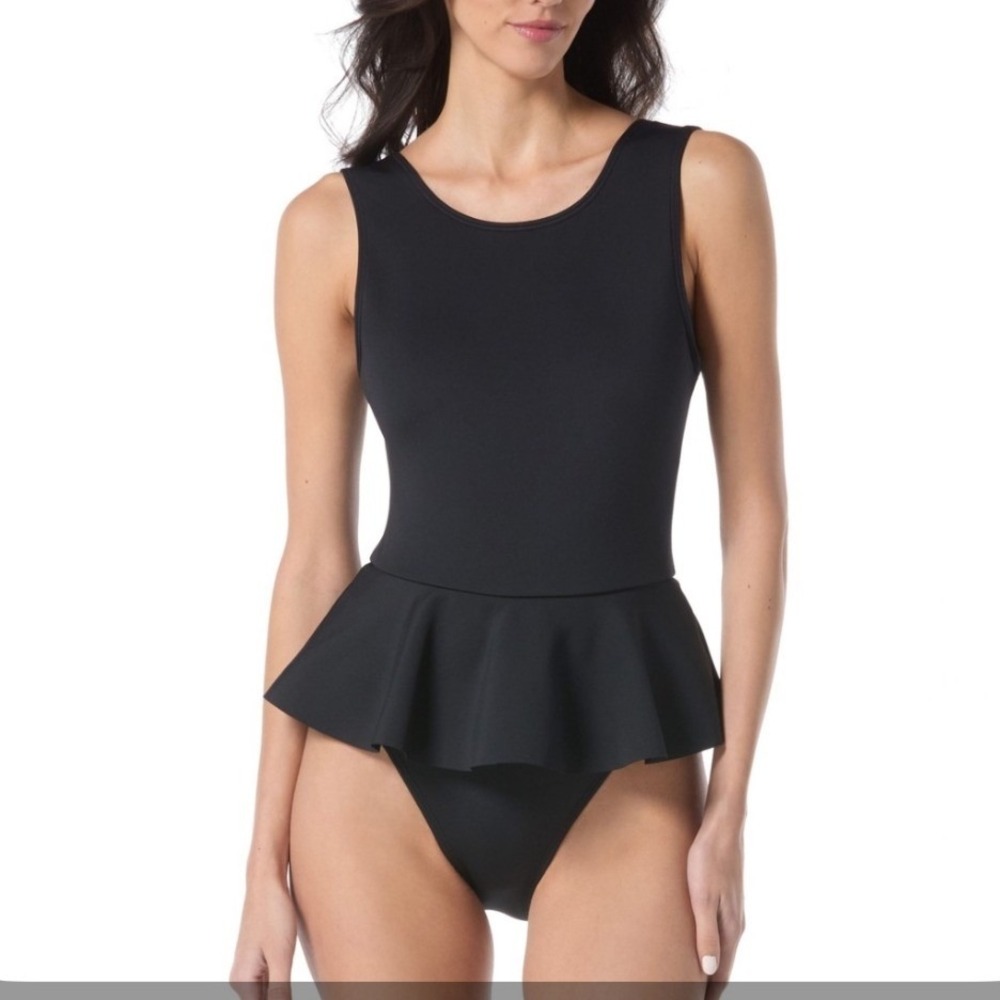 Vince Camuto Peplum One Piece Swimsuit Size 6 Black High Neck Scoop Back